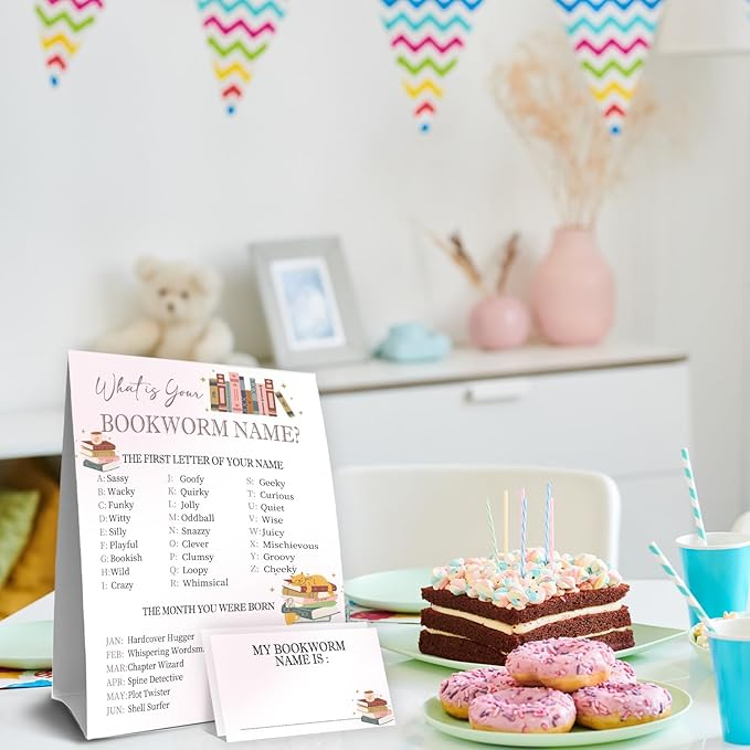 Book Party Decorations, Bookworms Theme Birthday Party Sign for Boys Girls,Kids Activity Cards, What's Your Bookworm Name, Activity Supplies