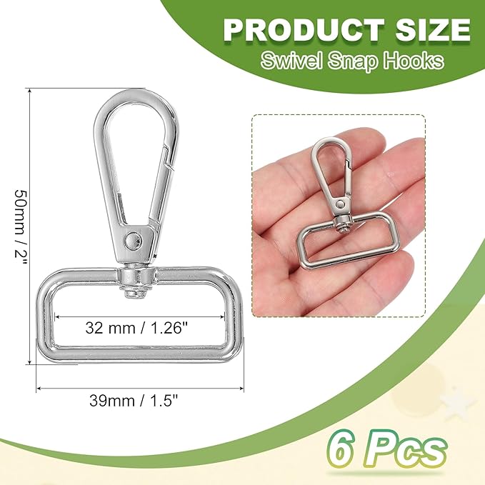 Swivel Snap Hooks, Metal D Ring Keychain Lanyard Clip Hook Lobster Clasp Claw Push Gate Clip - Fitting for(Purse Making - Sewing - DIY Crafts) 6 Pcs & 1.25" & Silver White