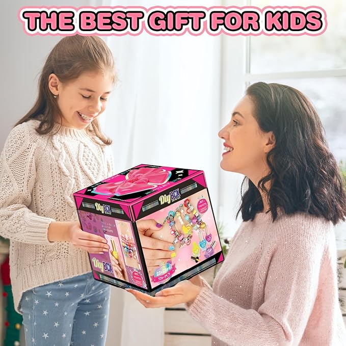 DIY Jewelry Making Kit for Girls, Pink Storage Box with Beads, Bracelets, Nail Polish, Craft Set with Dress Up Accessories, Ages 5-12