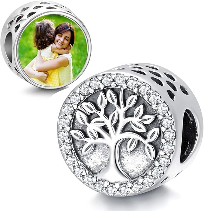 LONAGO 925 Sterling Silver Personalized Photo Charm Fit Compatible for Bracelet Necklace Customized Heart Round Shape Picture Bead