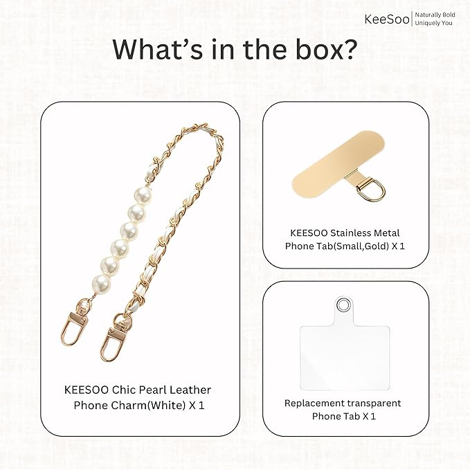 Original Korean Chic Pearl Gold Leather Phone Charm, Versatile with Premium Gold Metal Phone Tab (Pristine White)