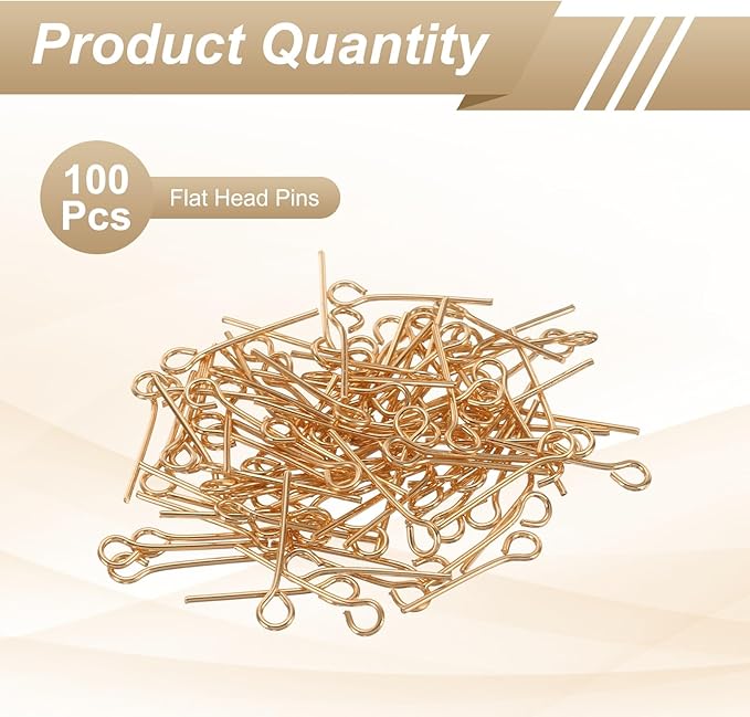 HARFINGTON 100pcs Open Eye Head Pins 0.63" 16mm Mini Metal Wire Eye Pins Beading Small Needles Bulk for Earring Pendant Necklace Bracelet Charm Jewelry Making Findings, Champagne Gold