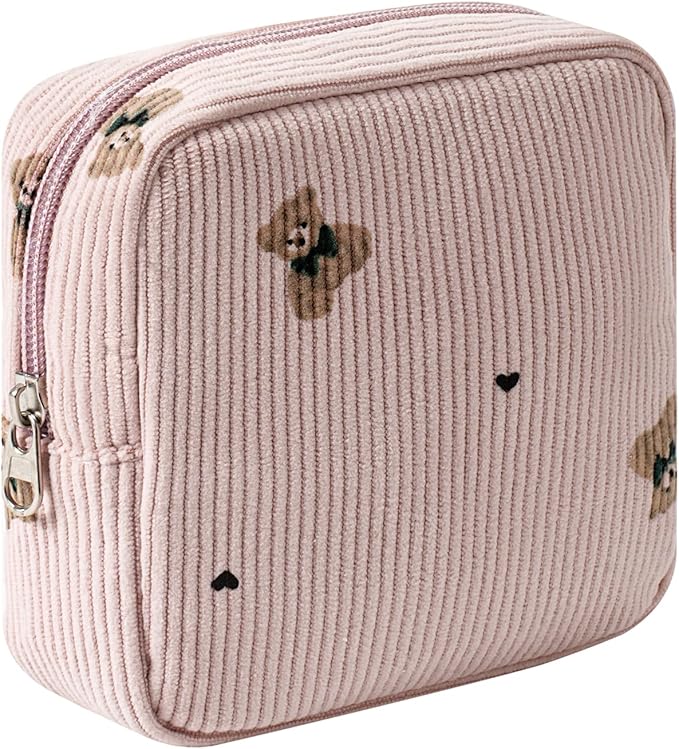 uekeboag Cute Small Corduroy Zipper Makeup Bag, Mini Coquette Aesthetic Pouch with Bear Pattern for for Purse,Key Pocket Lipstick Bag Card Holder Data Cable Organizer for Women Girls(01Pink Bear)