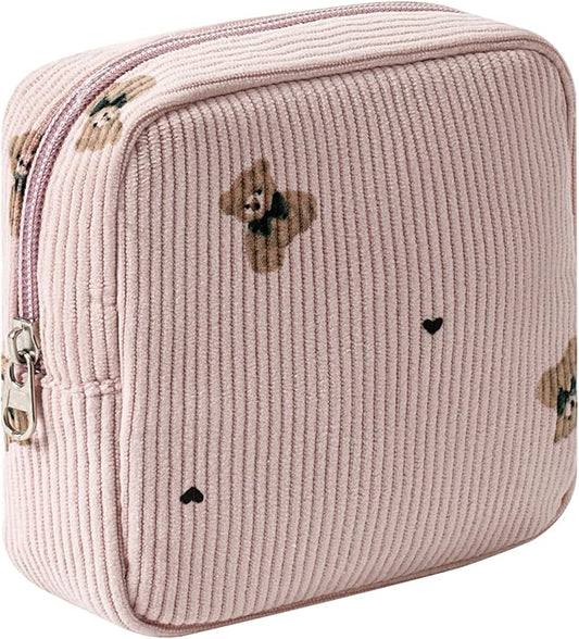 uekeboag Cute Small Corduroy Zipper Makeup Bag, Mini Coquette Aesthetic Pouch with Bear Pattern for for Purse,Key Pocket Lipstick Bag Card Holder Data Cable Organizer for Women Girls(01Pink Bear)