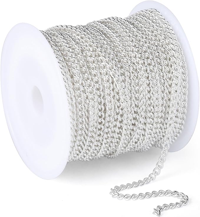 33 Feet Silver Curb Chains Bulk, 3mm Silver Plated 304 Stainless Steel Twisted Link Chains Roll Spool for Jewelry Making DIY Craft