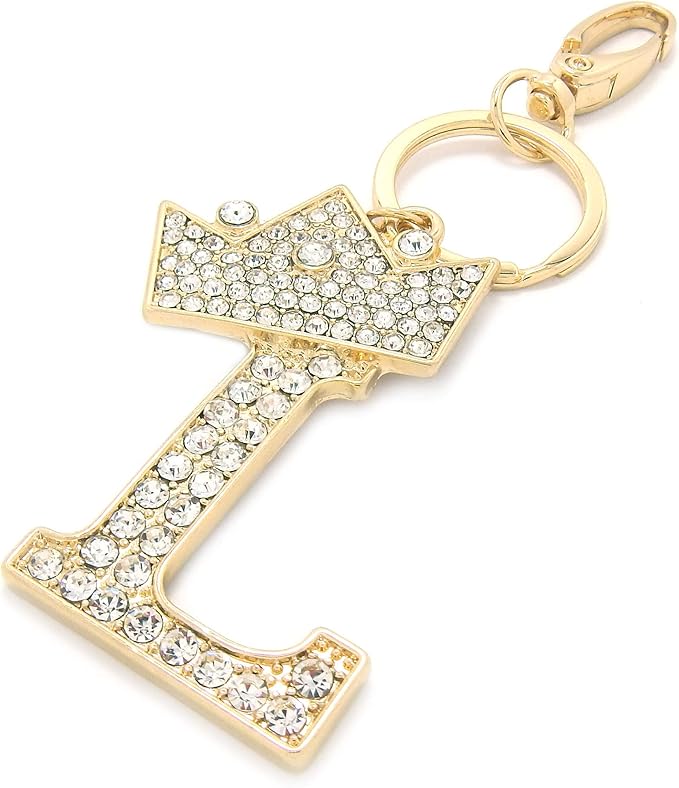 CBC Crown Crystal Rhinestone Letter Initial Keychain, Gold Metal, Bag Charm with Key Ring Approx. 2.17" x 2.56"