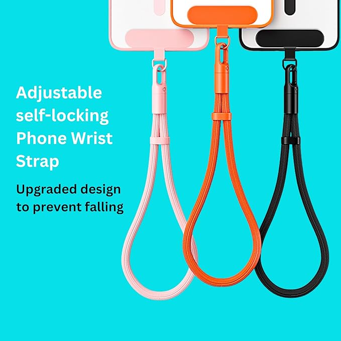 Minimalist Wrist Strap Phone Lanyard with Adjustable Drop-Proof Design, 7mm Reinforced Climbing Rope Material, 2 Phone Tether Tabs (Matching Metal and Rotatable Clear) - Sakura Pink