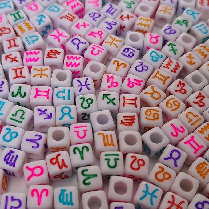 200+ Pieces 7x7mm White Cube Acrylic Alphabet Zodiac Charms Constellation Beads Mixed Plastic Shape Loose Beads for Jewelry Making Bracelets Necklaces Key Chains (Colorful on White)