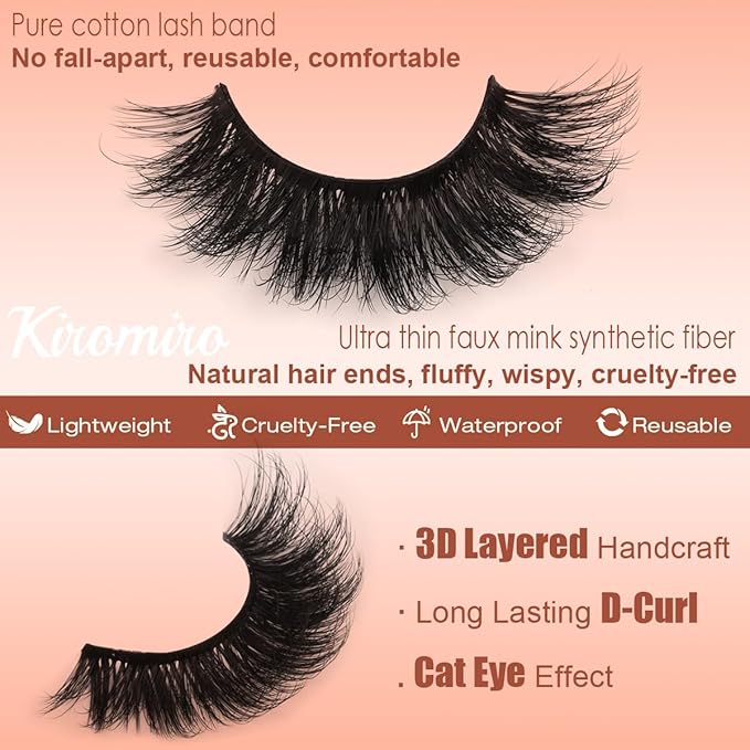 Kiromiro Mink Lashes False Eyelashes 18mm 3D Volume Cat Eye Lashes Faux Mink Eyelash Wispy Fake Eyelashes Thick Strips Lash Pack, 7 Pairs