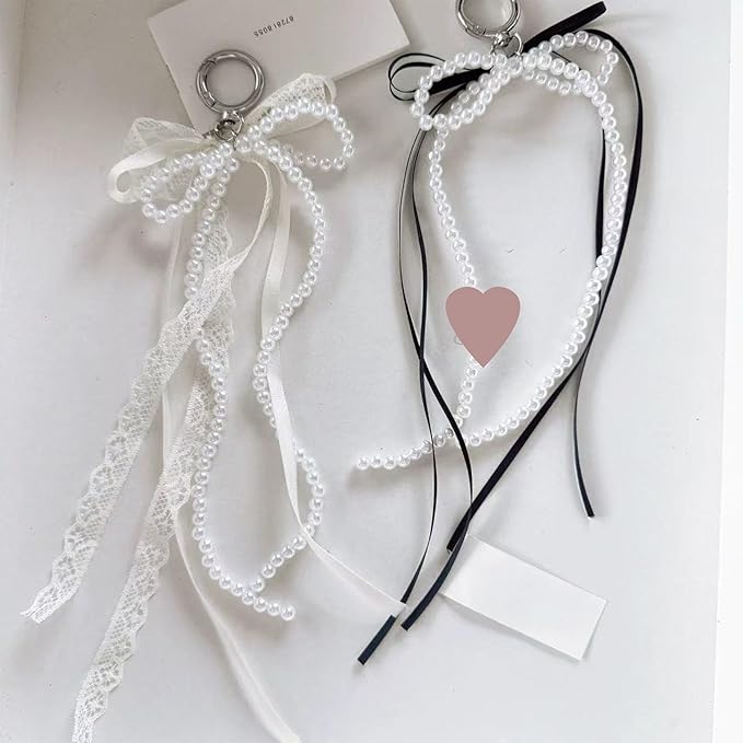 Pearl Bow Keychain Cute Y2k Lace Bowknot Keychain Coquette Aesthetic Accessories Bag Purse Handbag Backpack Charm