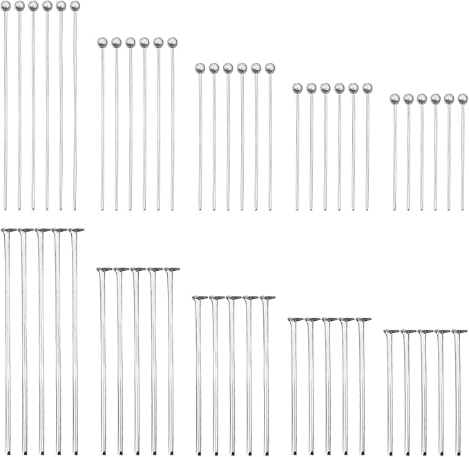 1000pcs Assorted Head Pins Set for Jewelry Making,Includes 500Pcs Ball Heads Pin and 500Pcs Flat Head Pins Eye Pins Beading Pins for Beading Jewelry Making (Silver, 18mm, 20mm, 24mm, 30mm, 35mm)