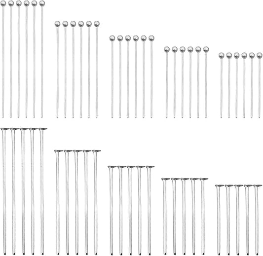 1000pcs Assorted Head Pins Set for Jewelry Making,Includes 500Pcs Ball Heads Pin and 500Pcs Flat Head Pins Eye Pins Beading Pins for Beading Jewelry Making (Silver, 18mm, 20mm, 24mm, 30mm, 35mm)