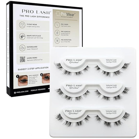 Pro Lash ProWear Professionally Styled Lash Clusters - Easiest to Apply Eyelash Cluster - 10 Day Eyelashes - Waterproof Lashes Clusters - 3 Sets - Volume Luxe Wispy Cat Eye No. 23 - Black