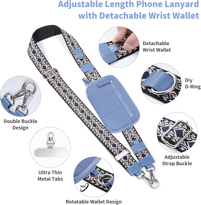 Clip and Go Strap for Phone with Wallet Crossbody Phone Lanyard with Anti-Theft Zipper Pouch Detachable Quilted Wrist Wallet with RFID and ID Window for Daily Travel.