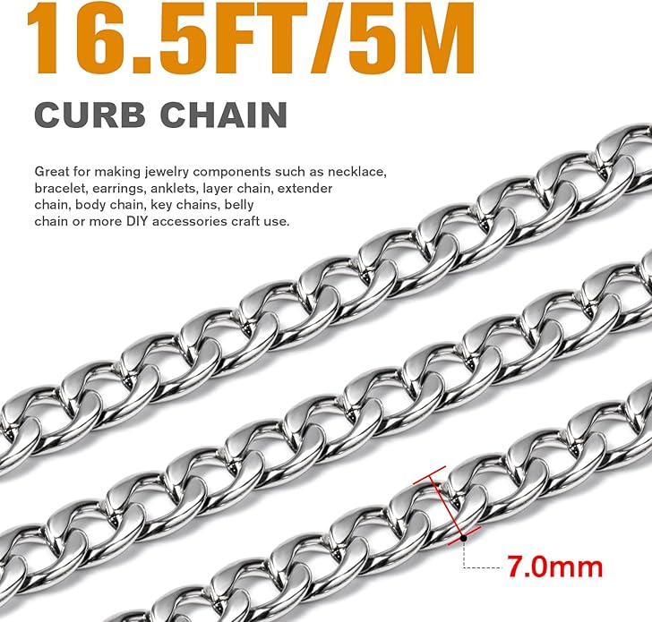 16.5 Ft Stainless Steel Curb Chains, 5mm 6mm 7mm 9mm Cuban Chain Roll Bulk for Jewelry Making