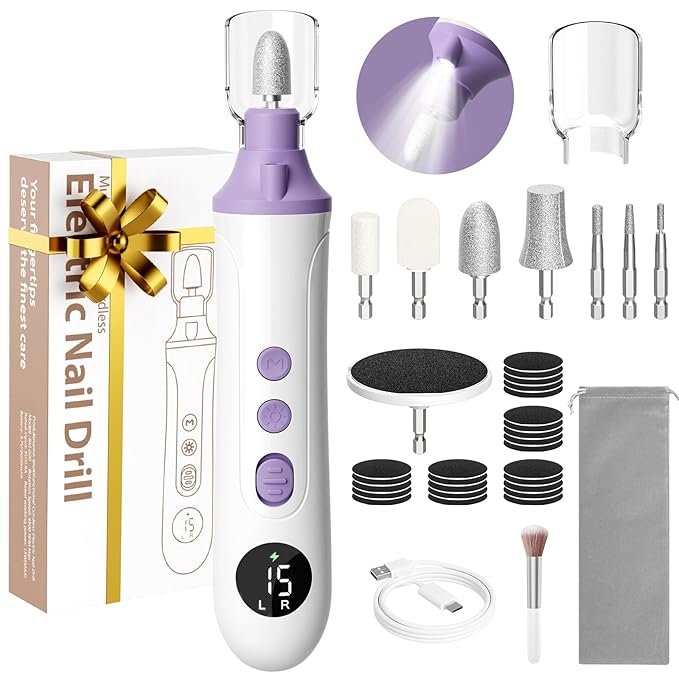 Ccigedy Professional Manicure Pedicure Electric Nail File for Thick Nails Hand Feet Care,Cordless Toenail Grinder 15 Speed,Nail Drill with LCD Screen,Ideal Valentine's Day Gift for Women/Men-Purple