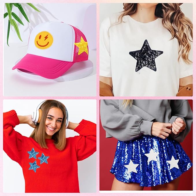 20Pcs Sequin Star Iron on Patches Glitter Stars Patches Embroidery Iron on Stars for Hats Clothes Backpacks Costume