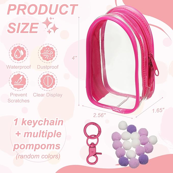 uxcell 4 Inch Clear Figure Display Bag, Mini Clear Pouch Waterproof Coin Pouch with Keychain and Pom Poms for Blind Box Doll Display (Oval, Red)