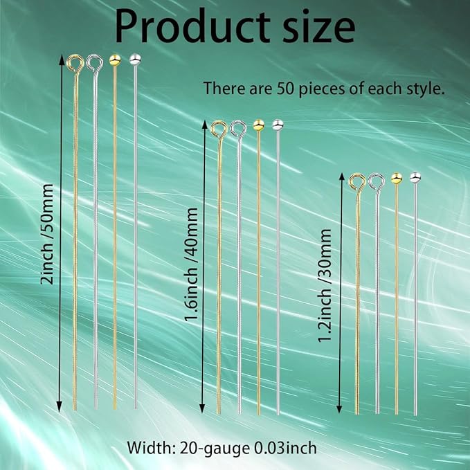 600Pcs Ball Head Pins Eye Pins for Jewelry Making Supplies Straight Bendable Ball Headpin for DIY Craft Earring Pendant Necklace Bracelet Jewelry Findings, 1.2", 1.6", 2", Gold and Silver