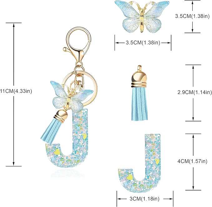 Fashion Alphabet Initial Letter Keychain Tassel Butterfly Pendant Key Ring for Purse Handbags Women Girl