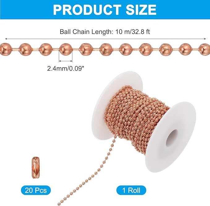 PATIKIL 10m/32.8ft Beaded Ball Chain, 2.4mm Stainless Steel Pull Chain Extension with 20 Pcs Connectors for Tag Chain, Keychain Rings, DIY Crafts, Rose Gold