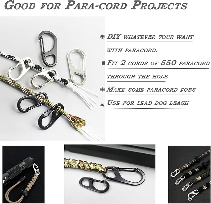 Small Carabiner Clips 1.25 inch/1.85 inch Snap Hooks with Fixed Eye Spring Gate Keychain Parocord Rope Clasps Accessories
