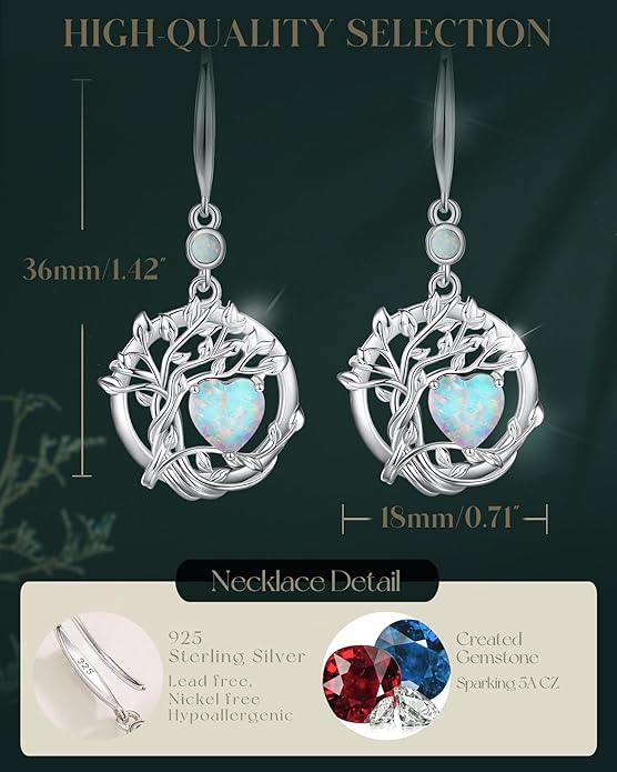 FANCIME Tree of Life Dangle Drop Earrings 925 Sterling Silver Dainty Round Gemstone Birthstone Earring Fine Jewelry Birthday Christmas Gifts for Her Women