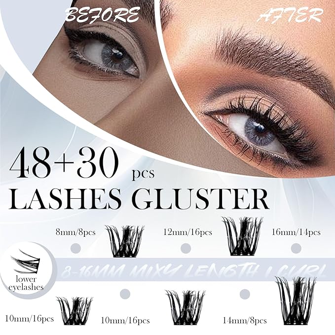 Luxury Lash Clusters Kit - Wispy & Fluffy Cluster Eyelash Extensions 8-16mm, 150H Wear | Korean Hypoallergenic PBT Fibers, Waterproof Glue & Seal | Gift Ready Premium Box (Volume-black box)