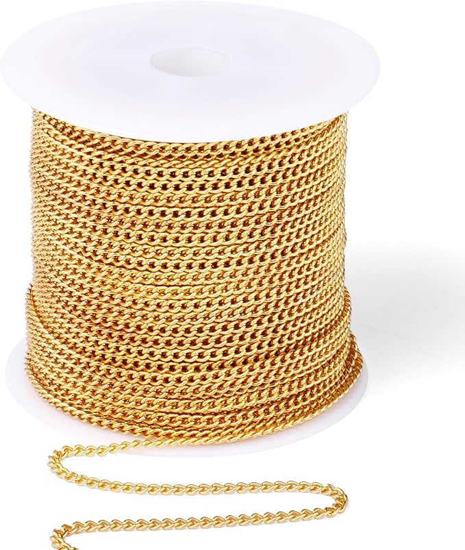 [66 Feet/ 20M] 18K Gold Plated Stainless Steel Curb Chain, 2mm 304 Stainless Steel Flat Twisted Links Curb Chains Bulk for Jewelry Making Necklace DIY Craft
