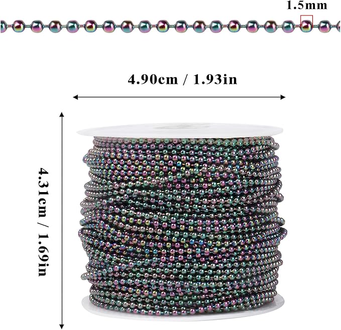 [50 Feet] Rainbow Stainless Steel Ball Bead Chains Roll, 1.5mm Width 304 Stainless Steel Ball Chains Spool with 30 PCS Connectors Bulk for Jewelry Making