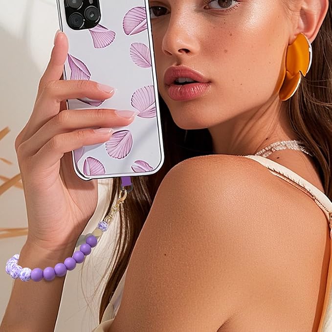 Marble Silicone Beaded Phone Wrist Strap, Cellphone Lanyard with Tether Tab, Elastic Hands-Free Wristlet Bracelet