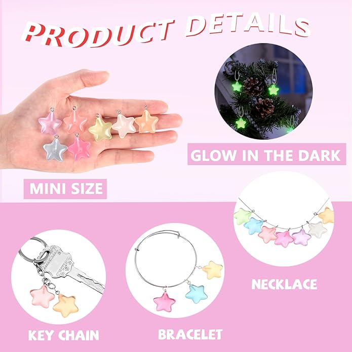 Glow in the Dark Star Charms Luminous Resin Pendants Charms Bulk Star Pendant Bead Pendants for Jewelry Making, 7 Colors