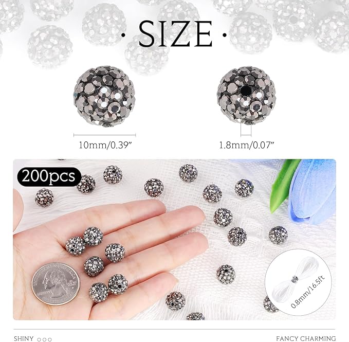 200 Pcs Hematite Rhinestone Beads for Jewelry Making, Sparkle Crystal Clay Christmas for Bracelet Baseball Necklace Earring Crafting and DIY, Shiny Round Shamballa Disco Ball Beads Bulk