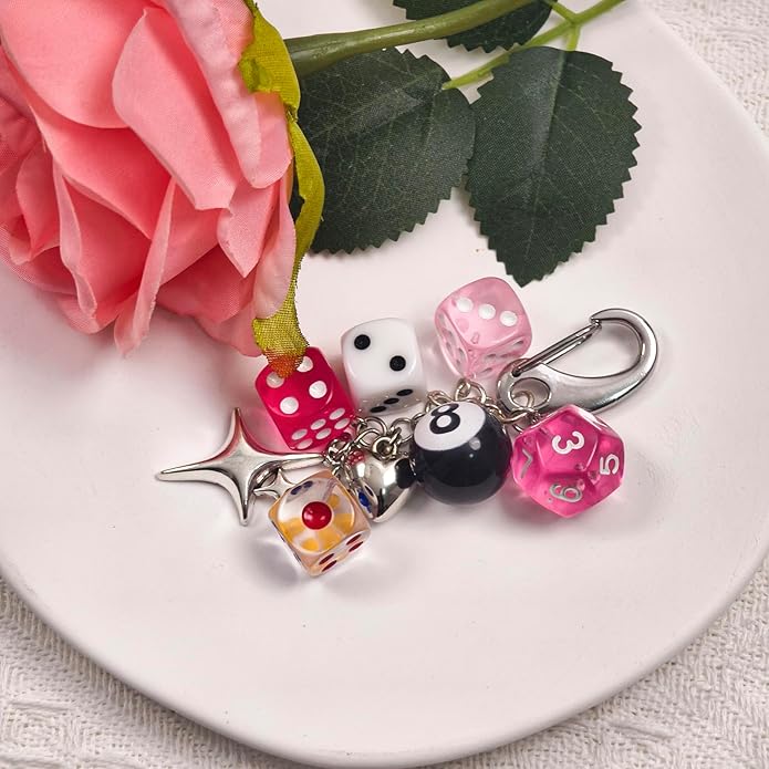 Y2K Keychain for Women, 8 Ball Dice Charm with Carabiner Clip - Cute Goth Core Keychain Bag Charm for Keys Bags Jeans