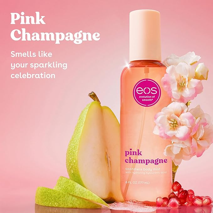 eos Cashmere Body Mist, Pink Champagne, Body Spray for Women, Hair Mist, Moisturizing, Hyaluronic Acid, Glycerin, Vegan, Cruelty-free, 6 fl oz