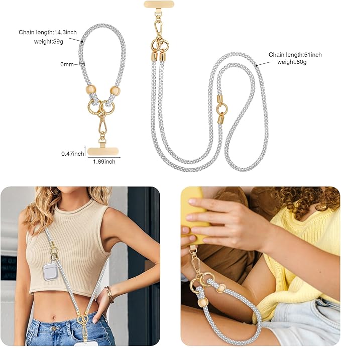 Crystal Phone Strap Crossbody and Wrist Lanyard, Anti Theft Layered & Wrist Strap Cell Phone Neck for Women