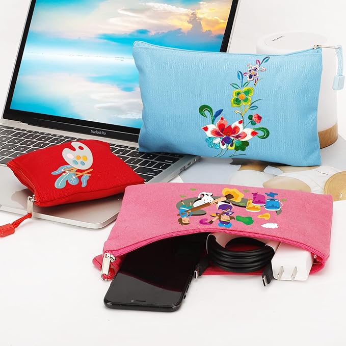 12 Pack DIY Craft Cotton Canvas Bag, Multi-Purpose Cosmetic Bag Makeup Pouches with Zipper Travel Toiletry Bag (XS, Blue)