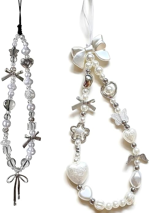 2 Pcs Phone Charm Strap Hand Universal for iPhone Wrist Strap Camera Lanyard Pearl Beaded Cute Chain String Accessories Universal for iPhone 17 Pro Max Samsung Women Girls Phones Bag Keychain