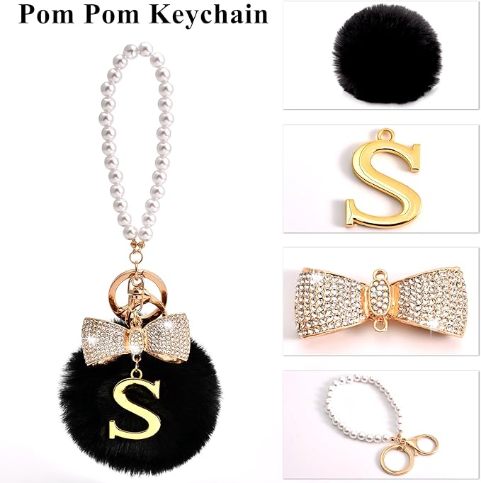Gold Initial Keychain with Rhinestone Bow & Black Pom Pom, Cute Letter Bag Charm for Women Purse and Car Keys