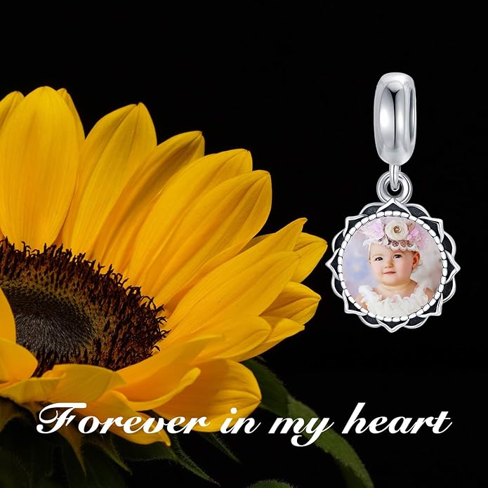 LONAGO 925 Sterling Silver Personalized Photo Charm Fit Compatible for Bracelet Necklace Customized Heart Round Shape Picture Bead