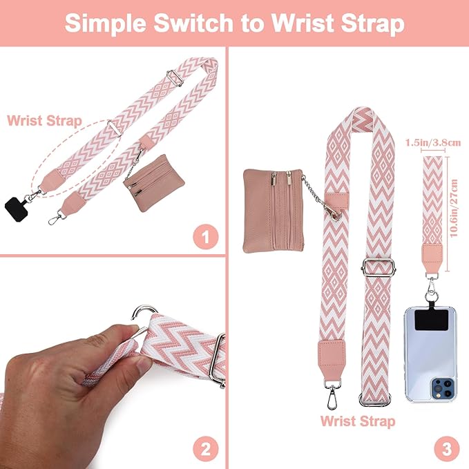 XANGNIER Clip and Go Strap for Phone with Wallet Crossbody, Phone Strap with Zippered Wallet, Adjustable Anti Theft Cellphone Lanyard for Women, Cellphone Chain Accessories,Multicolor 18