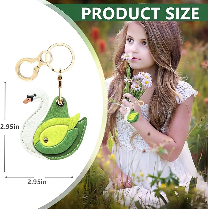Leather Keychain Holder Case Compatible with AirTag,Cute Protective Cover with Keyring,Anti-Scratch Finder GPS Tracker Case for Wallet Keys,Bag,Pets(Swan Green)