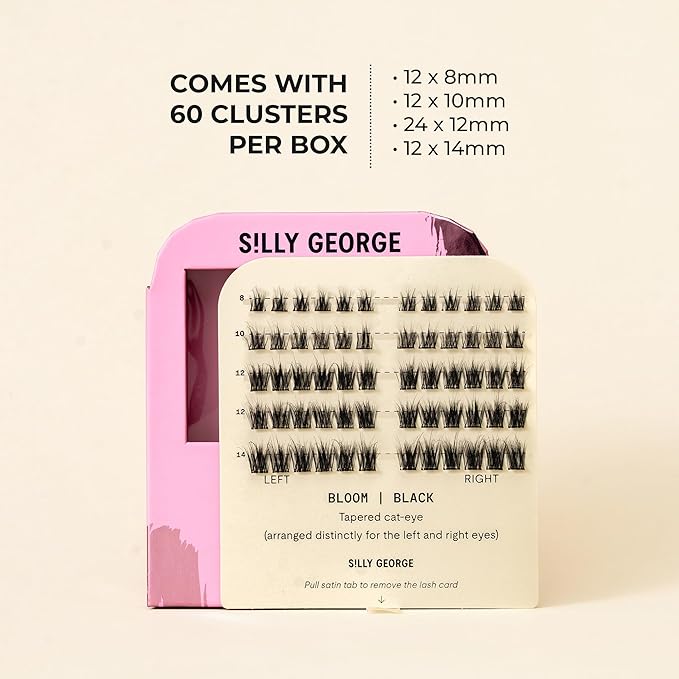 Silly George Pop-On Lashes - DIY 1-Step Pre-Glued Faux Eyelash Clusters, Natural Look Extensions, Black - Bloom, 5-7 Pair Set, Pack of 60 Clusters