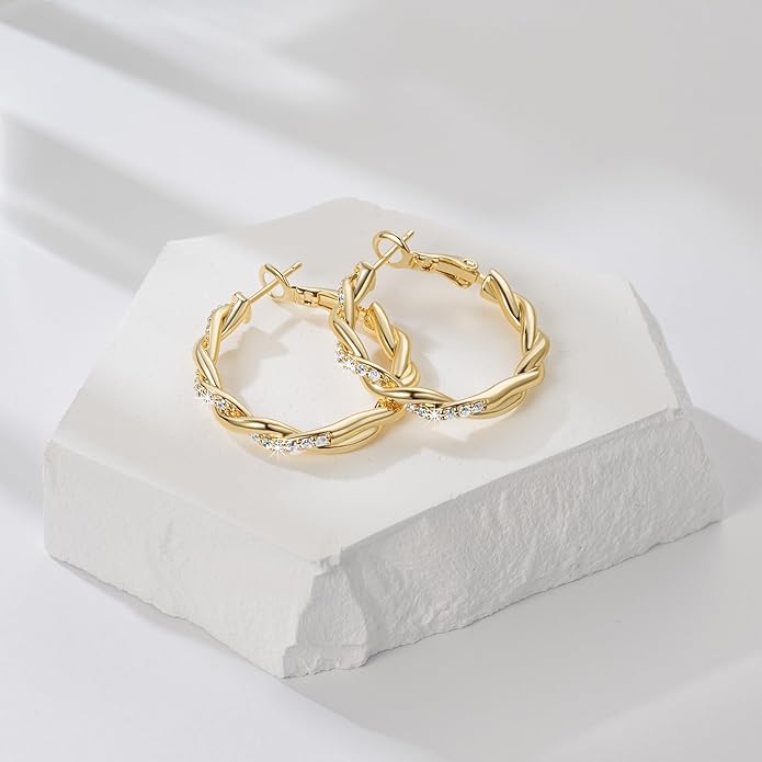 ENROSE Gold Plated Hoop Earrings 14K Gold Plated Earring for Women Twisted Large Hoop Earrings Minimalist Diamond Earring Jewelry 29mm*4mm