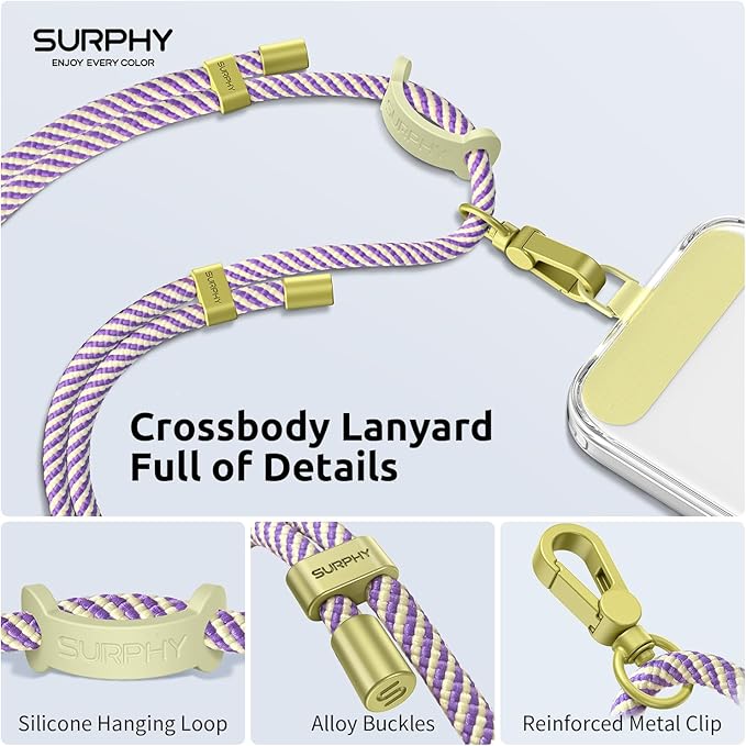 SURPHY Phone Lanyard, Adjustable Phone Strap Crossbody with 2 Pack Phone Tether Tab, Premium Metal Buckles and Two-Color Braided Cell Phone Lanyard Crossbody for Women and Men, Purple & Yellow