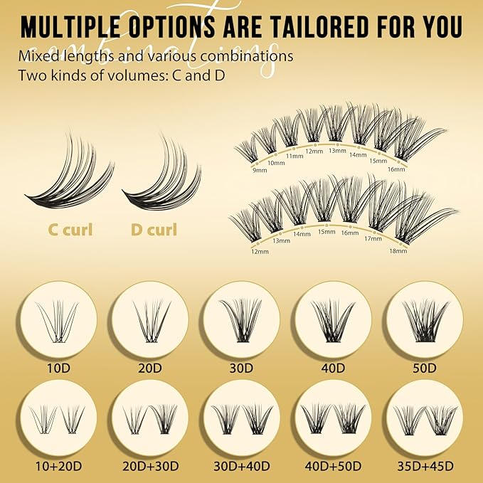 QUEWEL Lash Clusters 320Pcs Cluster Lashes 35D+45D C Curl Lash Cluster Eyelash Extensions Mix9-16mm Individual Eyelashes Clusters Wispy Lash Clusters Thin Band Soft to Use at Home(35D+45D C Mix9-16)
