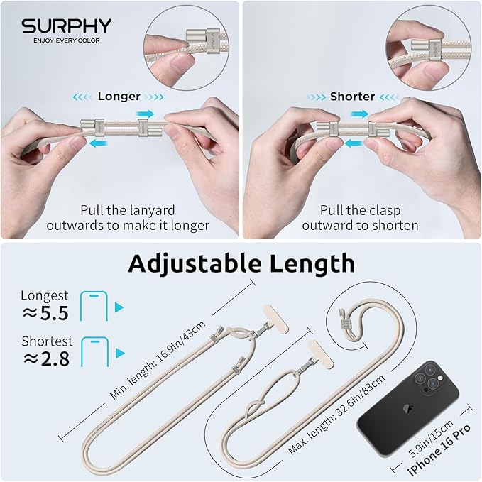 SURPHY Phone Lanyard, Adjustable Phone Strap Crossbody with 2 Pack Cell Phone Tether Tab, Premium Metal Buckles, Skin-Friendly, Universal Cell Phone Lanyard Crossbody for Women and Men, Stone