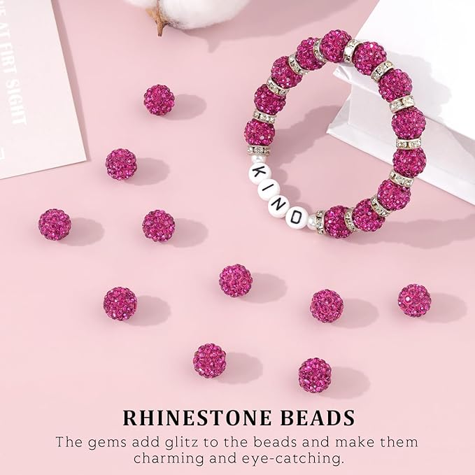120pcs 10mm Rhinestone Beads for Jewelry Making, Fuchsia Shiny Round Shamballa Disco Ball Beads Bulk, Sparkle Crystal Clay Christmas for Bracelet Baseball Necklace Earring Crafting and DIY