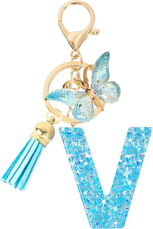 Initial letter Keychains for Women Girls Tassel Butterfly Cute Keychain for Wallet Backpack charm