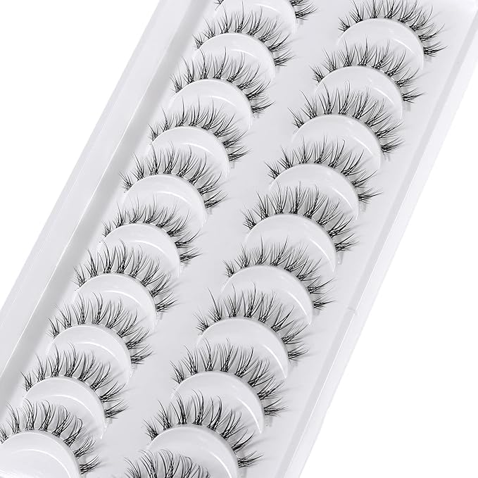 Manga Lashes Natural Look Japanese Anime Lashes Korean Asian Wispy Spiky Lashes with Clear Band Short Fake Eyelash 10 Pairs Pack by outopen
